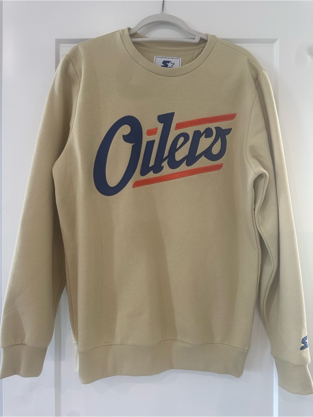 STARTER Beige Crewneck Sweater with Navy and Orange Oilers Script